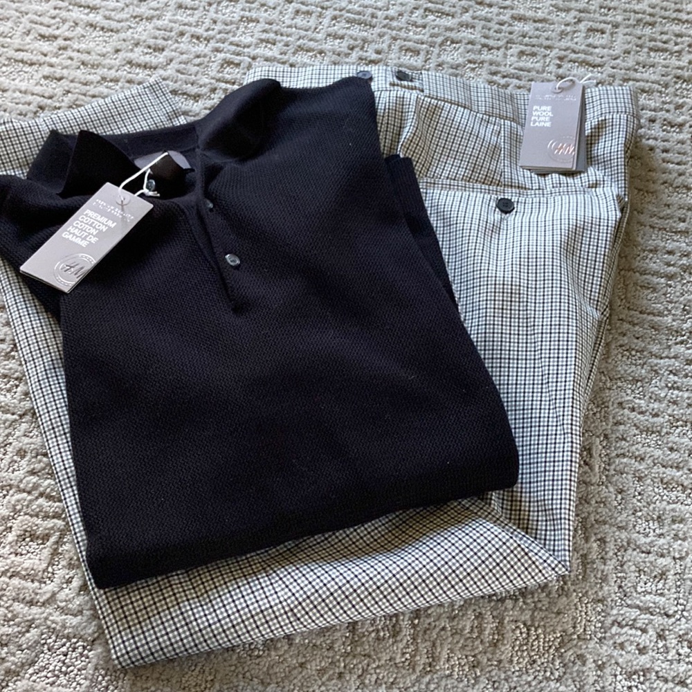 NWT - Men's H&M Premium Black Polo (L) & Slim Fit plaid dress pants (34R).